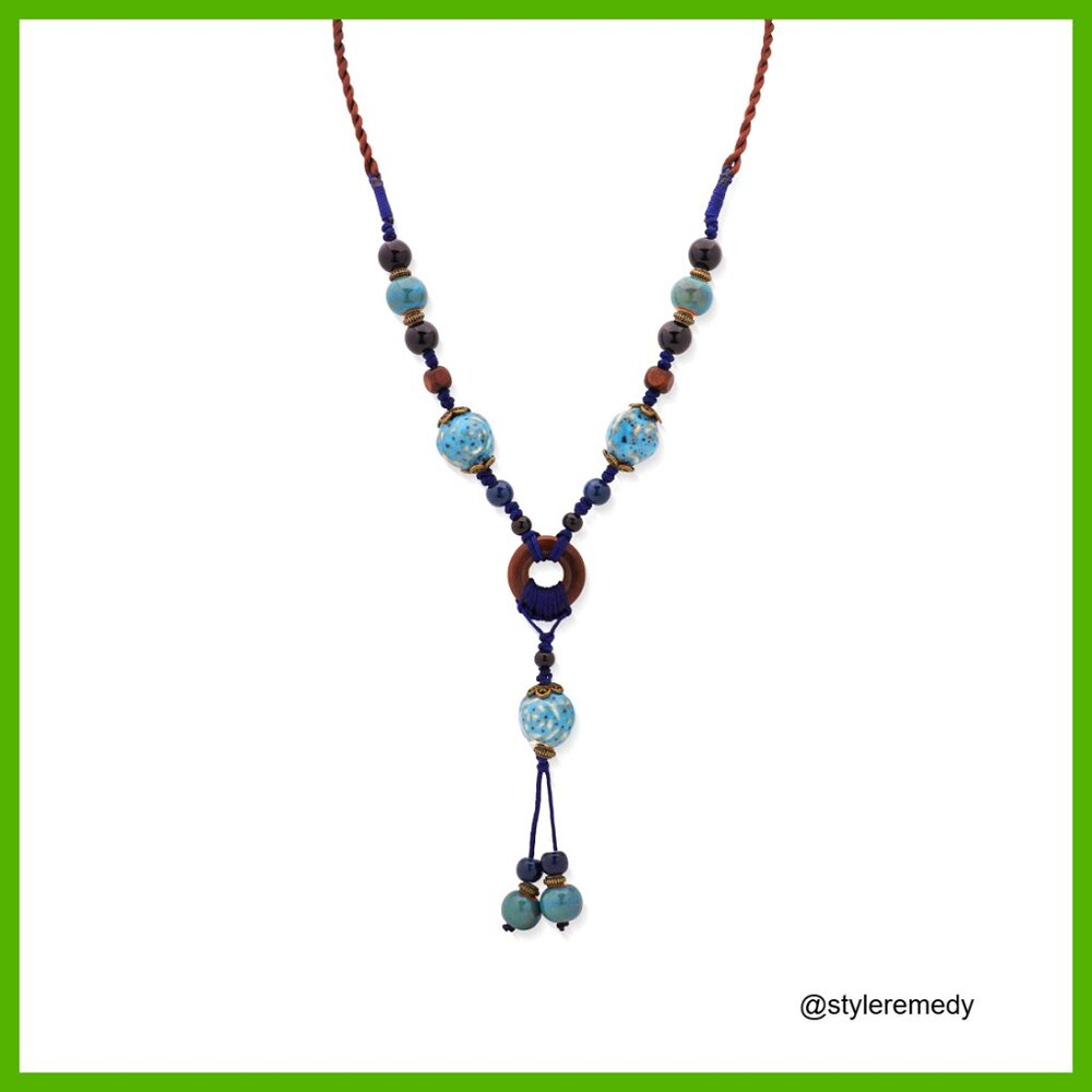 Adjustable Y-Necklace with Ceramic Beads, Wood Accents, Bohemian Statement